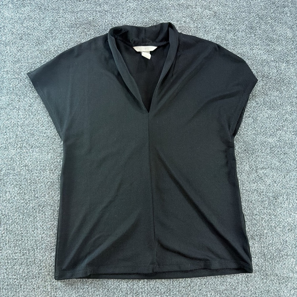 HM Black Cap Sleeve V-Neck Blouse Collar Crepe Top XS Office Business Casual
